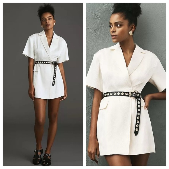 4SI3NNA Anthro Dress Womens Medium White Mod Belted Bachelorette‎ Fun City Chic - Picture 1 of 16